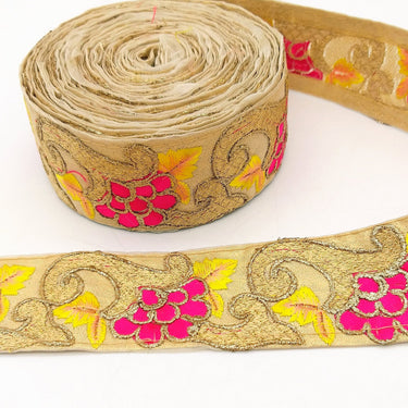 Beige Art Silk Fabric Trim with Floral Embroidery in Yellow, Gold and Fuchsia, Flower Embroidered Trim